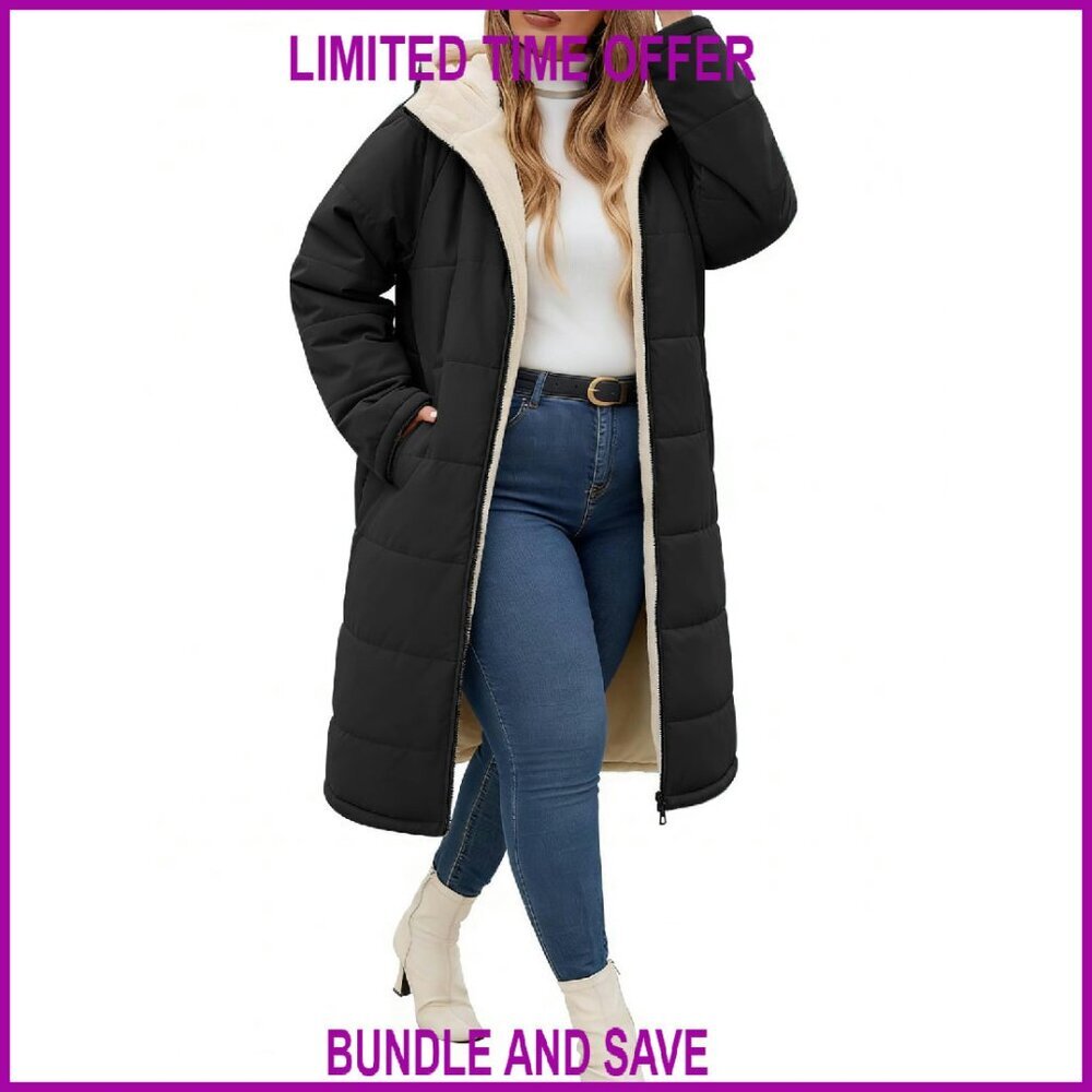 Plus Size Winter Coat Mid Length Hooded Fleece Sherpa Lined Windproof